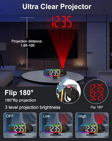 Projection Alarm Clocks for Bedrooms, 2026 New 8.5" Large LED Display Digital Clock with 180° Rotatable Projector, 3 Brightness, 17 RGB Night Light, Snooze, Temp, USB Charger for Home in Saudi Arabia