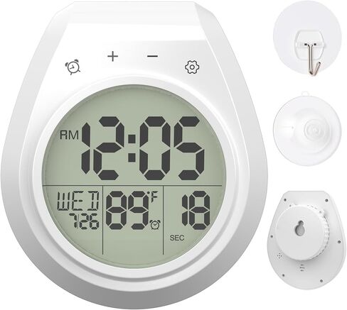 Shower Clock with Timer Waterproof, Digital Bathroom Clock with Countdown, Temperature, Date, Week, Second, Suction Cup, Wall Hanging, for Mirror, Pool, Bath, Kitchen, Battery Operated, White in Saudi Arabia