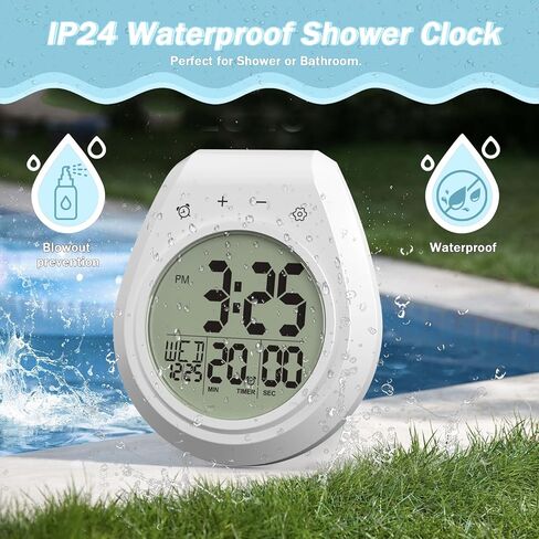 Shower Clock with Timer Waterproof, Digital Bathroom Clock with Countdown, Temperature, Date, Week, Second, Suction Cup, Wall Hanging, for Mirror, Pool, Bath, Kitchen, Battery Operated, White in Saudi Arabia