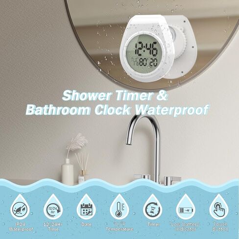 Shower Clock with Timer Waterproof, Digital Bathroom Clock with Countdown, Temperature, Date, Week, Second, Suction Cup, Wall Hanging, for Mirror, Pool, Bath, Kitchen, Battery Operated, White in Saudi Arabia