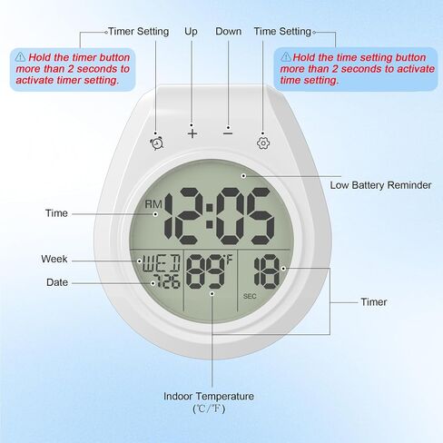 Shower Clock with Timer Waterproof, Digital Bathroom Clock with Countdown, Temperature, Date, Week, Second, Suction Cup, Wall Hanging, for Mirror, Pool, Bath, Kitchen, Battery Operated, White in Saudi Arabia