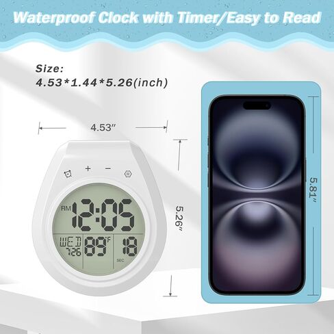 Shower Clock with Timer Waterproof, Digital Bathroom Clock with Countdown, Temperature, Date, Week, Second, Suction Cup, Wall Hanging, for Mirror, Pool, Bath, Kitchen, Battery Operated, White in Saudi Arabia