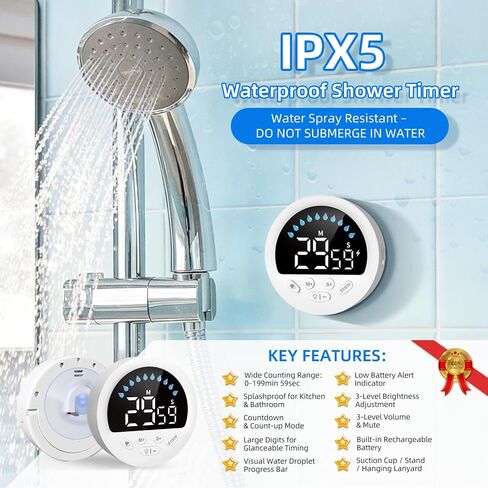 NOKLEAD Waterproof Shower Countdown Timer: Large LED Display, ADHD Tool for Kids Adults, 4 Volume, Battery Powered Digital Count-up Stopwatch for Bathroom Toilet Classroom Kitchen Cook (White) in Saudi Arabia