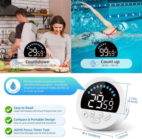 NOKLEAD Waterproof Shower Countdown Timer: Large LED Display, ADHD Tool for Kids Adults, 4 Volume, Battery Powered Digital Count-up Stopwatch for Bathroom Toilet Classroom Kitchen Cook (White) in Saudi Arabia