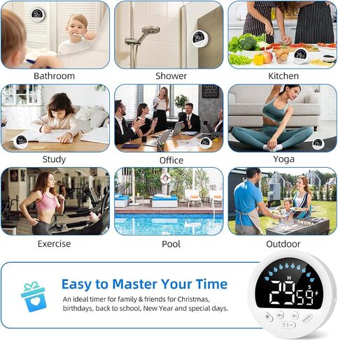 NOKLEAD Waterproof Shower Countdown Timer: Large LED Display, ADHD Tool for Kids Adults, 4 Volume, Battery Powered Digital Count-up Stopwatch for Bathroom Toilet Classroom Kitchen Cook (White) in Saudi Arabia