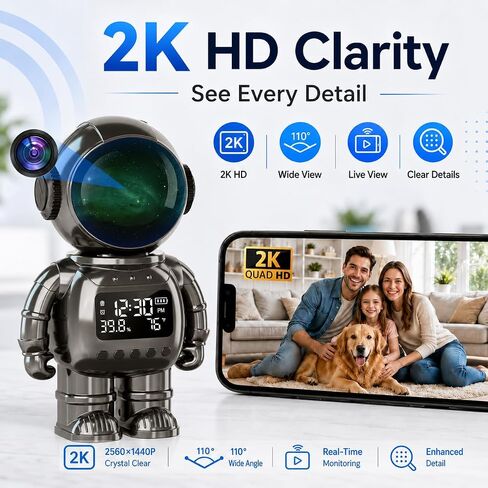 DYPCO Smart Clock Camera WiFi Indoor Security Camera with Temperature Humidity Display, 2K Robot Desk Camera with Night Vision, Motion Detection, Two-Way Audio, Baby Monitoring for Home Office in Saudi Arabia