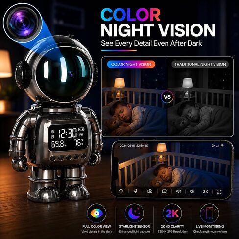 DYPCO Smart Clock Camera WiFi Indoor Security Camera with Temperature Humidity Display, 2K Robot Desk Camera with Night Vision, Motion Detection, Two-Way Audio, Baby Monitoring for Home Office in Saudi Arabia