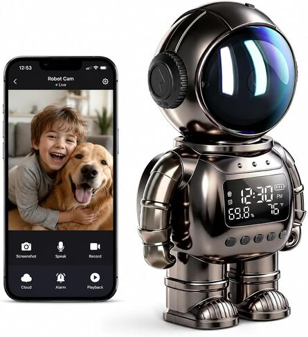 DYPCO Smart Clock Camera WiFi Indoor Security Camera with Temperature Humidity Display, 2K Robot Desk Camera with Night Vision, Motion Detection, Two-Way Audio, Baby Monitoring for Home Office in Saudi Arabia