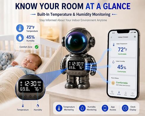 DYPCO Smart Clock Camera WiFi Indoor Security Camera with Temperature Humidity Display, 2K Robot Desk Camera with Night Vision, Motion Detection, Two-Way Audio, Baby Monitoring for Home Office in Saudi Arabia