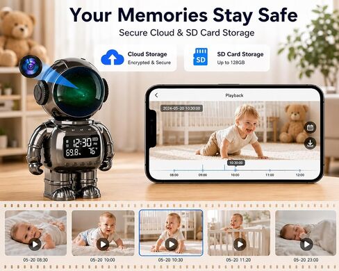 DYPCO Smart Clock Camera WiFi Indoor Security Camera with Temperature Humidity Display, 2K Robot Desk Camera with Night Vision, Motion Detection, Two-Way Audio, Baby Monitoring for Home Office in Saudi Arabia