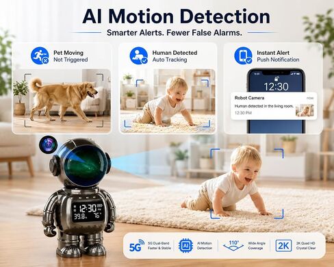 DYPCO Smart Clock Camera WiFi Indoor Security Camera with Temperature Humidity Display, 2K Robot Desk Camera with Night Vision, Motion Detection, Two-Way Audio, Baby Monitoring for Home Office in Saudi Arabia