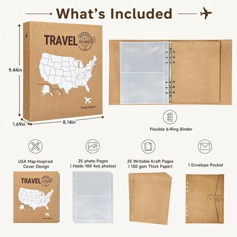 Travel Photo Album 4x6, 6-Ring Binder Holds 100 Photos with 25 Writable Kraft Pages, USA Map Cover Road Trip Scrapbook for Family Vacation, National Parks & Adventure Memories, KUWORD in Saudi Arabia