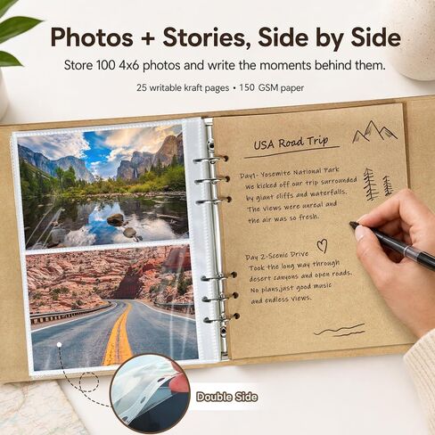 Travel Photo Album 4x6, 6-Ring Binder Holds 100 Photos with 25 Writable Kraft Pages, USA Map Cover Road Trip Scrapbook for Family Vacation, National Parks & Adventure Memories, KUWORD in Saudi Arabia