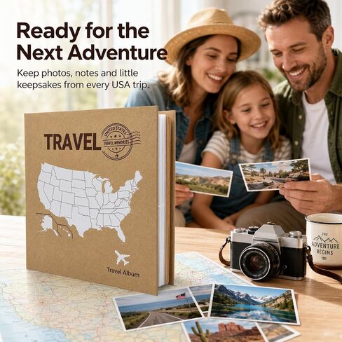 Travel Photo Album 4x6, 6-Ring Binder Holds 100 Photos with 25 Writable Kraft Pages, USA Map Cover Road Trip Scrapbook for Family Vacation, National Parks & Adventure Memories, KUWORD in Saudi Arabia