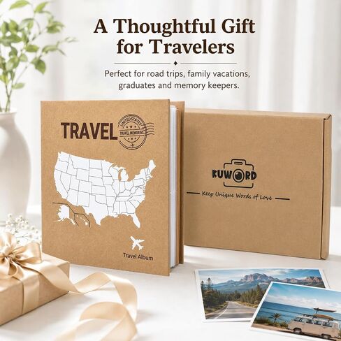 Travel Photo Album 4x6, 6-Ring Binder Holds 100 Photos with 25 Writable Kraft Pages, USA Map Cover Road Trip Scrapbook for Family Vacation, National Parks & Adventure Memories, KUWORD in Saudi Arabia