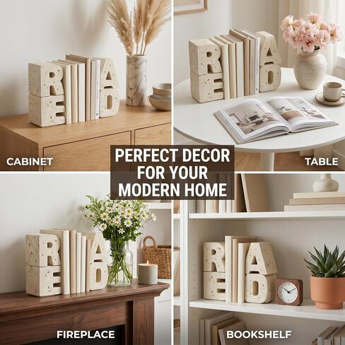 Book Ends Decorative with Read Design Resin Bookends for Heavy Books Book Holders for Shelves Book Stoppers with Non-Slip Pads Unique Read Sign Beige Bookend Gift for Book Lovers in Kuwait