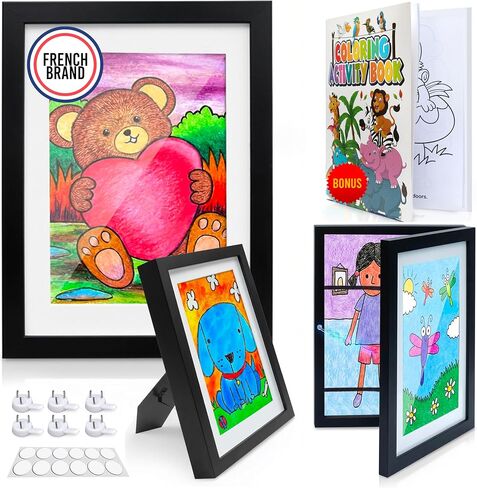 KidGallery Kids Art Frames – Set of 2 Kids Artwork Frames Changeable (Black) – Includes Coloring Book – Childrens Artwork Display Frame for Décor and Keepsake Storage – 8.5x11 with Mat or 9x12 Without in Kuwait