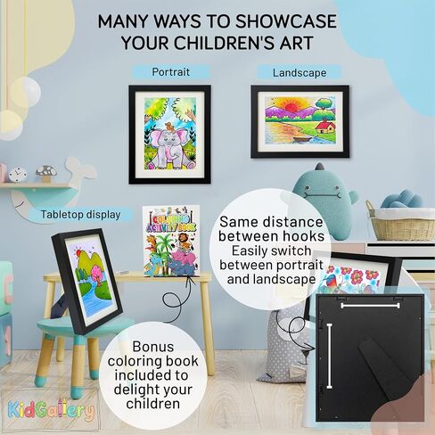 KidGallery Kids Art Frames – Set of 2 Kids Artwork Frames Changeable (Black) – Includes Coloring Book – Childrens Artwork Display Frame for Décor and Keepsake Storage – 8.5x11 with Mat or 9x12 Without in Kuwait