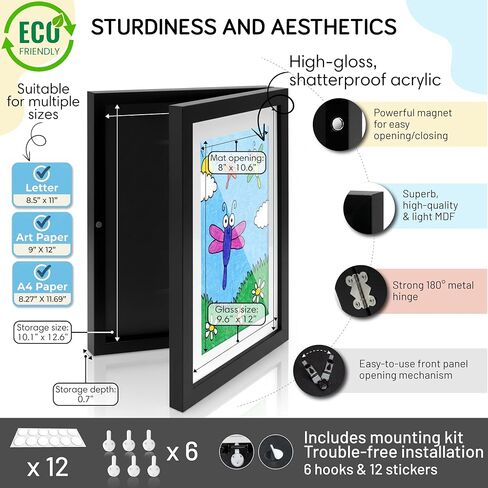 KidGallery Kids Art Frames – Set of 2 Kids Artwork Frames Changeable (Black) – Includes Coloring Book – Childrens Artwork Display Frame for Décor and Keepsake Storage – 8.5x11 with Mat or 9x12 Without in Kuwait