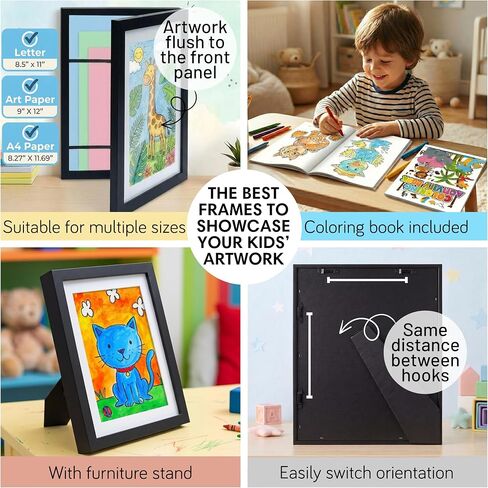 KidGallery Kids Art Frames – Set of 2 Kids Artwork Frames Changeable (Black) – Includes Coloring Book – Childrens Artwork Display Frame for Décor and Keepsake Storage – 8.5x11 with Mat or 9x12 Without in Kuwait