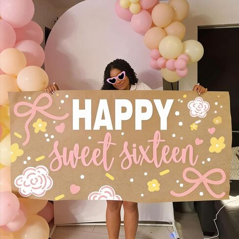 Happy Sweet 16 Banner for Sweet 16 Party Decorations 16th Birthday Decorations for Girls Sweet Sixteen Happy Birthday Banner in Saudi Arabia