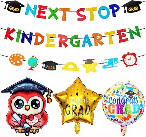 Preschool Graduation Decorations, Pre k Graduation Decorations Include Next Stop Kindergarten Banner and Prek Graduate Decorations Hanging Swirls, Foil Balloons，Preschool Graduate Banner for Children Graduate in Saudi Arabia