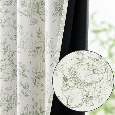 jinchan Woodland Blackout Curtains for Kids Bedroom Nursery Whimsical Cottagecore Bunny Botanical Room Darkening Drapes Green on Beige Farmhouse Nature-Inspired Decor 84 Inch Back Tab 2 Panels in Kuwait