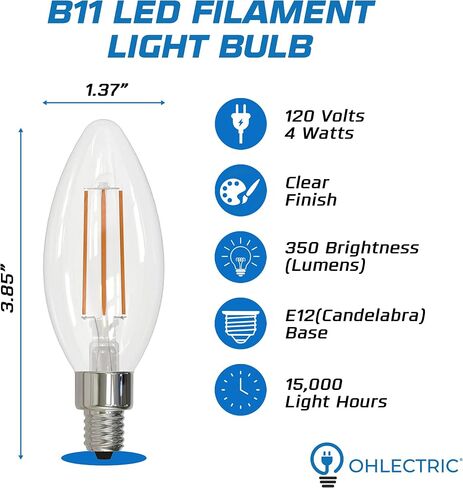 OHLECTRIC 4W LED Filament Candelabra Bulb (4-Pack) 40W Equivalent, E12 Candelabra Base, 2700K Warm White, Clear Filament Dimmable Chandelier Light Bulb, 350 Lumens, High CRI, JA8 Rated Damp Locations in Kuwait