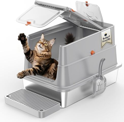 Stainless Steel Litter Box with Lid, SUS304 Metal Cat Litter Box, Enclosed Extra Large Kitty Litter Box High Wall, Jumbo Cat Litter Box with Triple Pedal, Non-Sticky, Anti-Leakage (XXL Gray) in Saudi Arabia