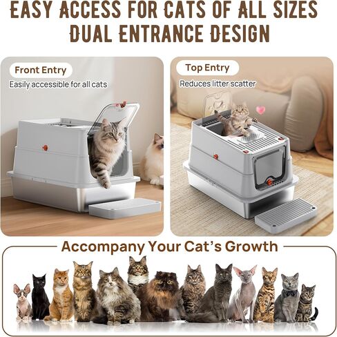 Stainless Steel Litter Box with Lid, SUS304 Metal Cat Litter Box, Enclosed Extra Large Kitty Litter Box High Wall, Jumbo Cat Litter Box with Triple Pedal, Non-Sticky, Anti-Leakage (XXL Gray) in Saudi Arabia