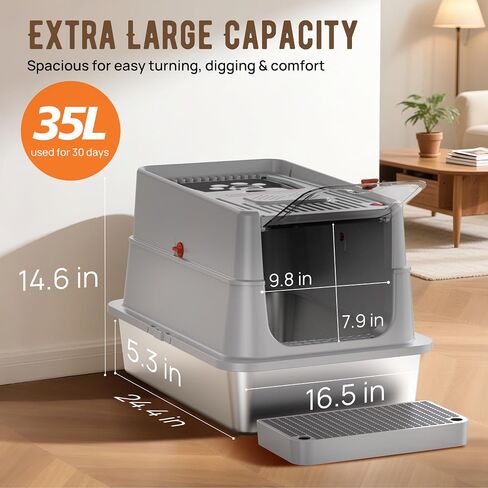 Stainless Steel Litter Box with Lid, SUS304 Metal Cat Litter Box, Enclosed Extra Large Kitty Litter Box High Wall, Jumbo Cat Litter Box with Triple Pedal, Non-Sticky, Anti-Leakage (XXL Gray) in Saudi Arabia