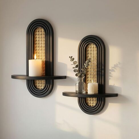 Wall Candle Holder Sconce, Set of 2 Wooden Wall Mounted Candle Holder with Arched Shelf and Gold Metal Vine Detail, Decorative Wall Sconce for Pillar Candles, Living Room Bedroom Entryway Decor in Kuwait