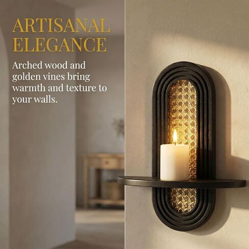 Wall Candle Holder Sconce, Set of 2 Wooden Wall Mounted Candle Holder with Arched Shelf and Gold Metal Vine Detail, Decorative Wall Sconce for Pillar Candles, Living Room Bedroom Entryway Decor in Kuwait