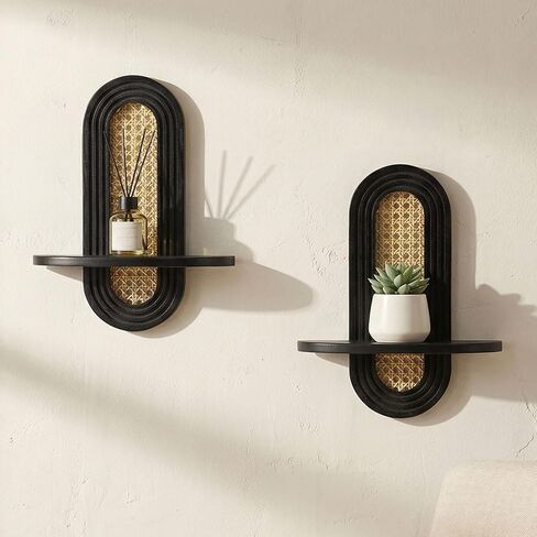 Wall Candle Holder Sconce, Set of 2 Wooden Wall Mounted Candle Holder with Arched Shelf and Gold Metal Vine Detail, Decorative Wall Sconce for Pillar Candles, Living Room Bedroom Entryway Decor in Kuwait