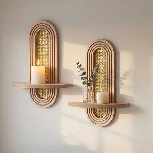 Wall Candle Holder Sconce, Set of 2 Wooden Wall Mounted Candle Holder with Arched Shelf and Gold Metal Vine Detail, Decorative Wall Sconce for Pillar Candles, Living Room Bedroom Entryway Decor in Kuwait