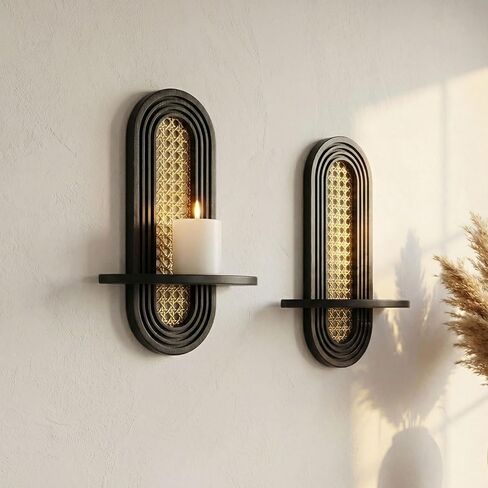 Wall Candle Holder Sconce, Set of 2 Wooden Wall Mounted Candle Holder with Arched Shelf and Gold Metal Vine Detail, Decorative Wall Sconce for Pillar Candles, Living Room Bedroom Entryway Decor in Kuwait