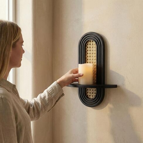 Wall Candle Holder Sconce, Set of 2 Wooden Wall Mounted Candle Holder with Arched Shelf and Gold Metal Vine Detail, Decorative Wall Sconce for Pillar Candles, Living Room Bedroom Entryway Decor in Kuwait