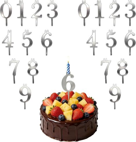 20 Pcs Reusable Number Candle Holder Set, 0-9 Digital Silver Adjustable Candles Stand, Stainless Steel Birthday Cake Candle Holder, Cake Decoration Accessories for Birthday Anniversary Party in Kuwait