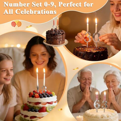 20 Pcs Reusable Number Candle Holder Set, 0-9 Digital Silver Adjustable Candles Stand, Stainless Steel Birthday Cake Candle Holder, Cake Decoration Accessories for Birthday Anniversary Party in Kuwait