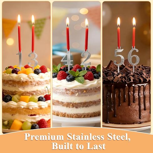 20 Pcs Reusable Number Candle Holder Set, 0-9 Digital Silver Adjustable Candles Stand, Stainless Steel Birthday Cake Candle Holder, Cake Decoration Accessories for Birthday Anniversary Party in Kuwait