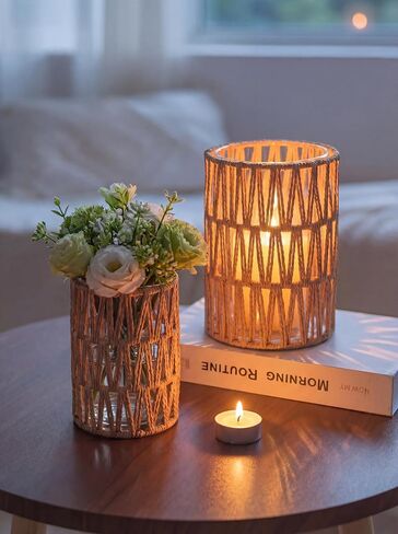 فوانيس إعصار NUPTIO Rattan Boho: مجموعة من حاملي شموع عمودية مع أسطوانات زجاجية - مزهريات المزرعة لتزيين قطع طاولة القهوة المنزلية in Kuwait
