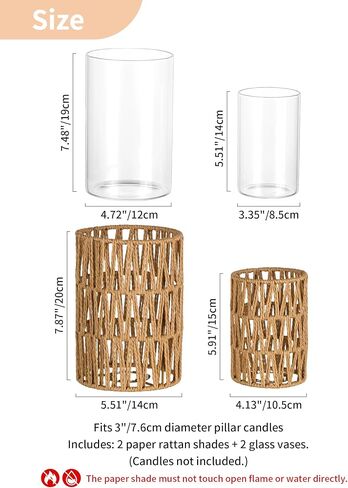 فوانيس إعصار NUPTIO Rattan Boho: مجموعة من حاملي شموع عمودية مع أسطوانات زجاجية - مزهريات المزرعة لتزيين قطع طاولة القهوة المنزلية in Kuwait