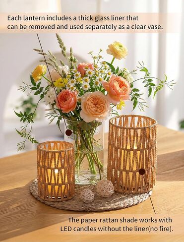 فوانيس إعصار NUPTIO Rattan Boho: مجموعة من حاملي شموع عمودية مع أسطوانات زجاجية - مزهريات المزرعة لتزيين قطع طاولة القهوة المنزلية in Kuwait