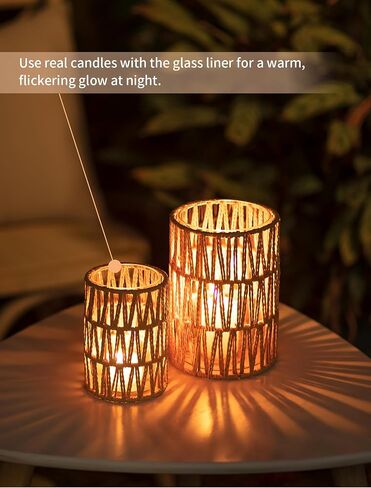 فوانيس إعصار NUPTIO Rattan Boho: مجموعة من حاملي شموع عمودية مع أسطوانات زجاجية - مزهريات المزرعة لتزيين قطع طاولة القهوة المنزلية in Kuwait