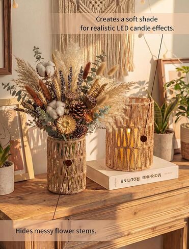 فوانيس إعصار NUPTIO Rattan Boho: مجموعة من حاملي شموع عمودية مع أسطوانات زجاجية - مزهريات المزرعة لتزيين قطع طاولة القهوة المنزلية in Kuwait