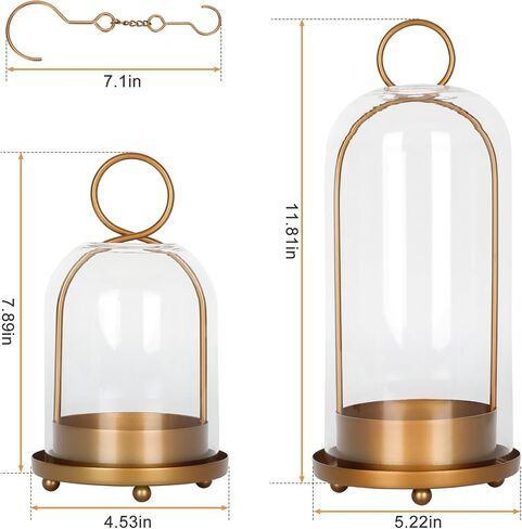 Dreamtrues 5.2" & 4.5" Hurricane Glass Candle Holders – Set of 2 Brass Metal Candle Holder Lanterns with Thick Glass Dome, Shabby Chic Style for Tabletop or Hanging, Fit Pillar Candles & Plants in Saudi Arabia