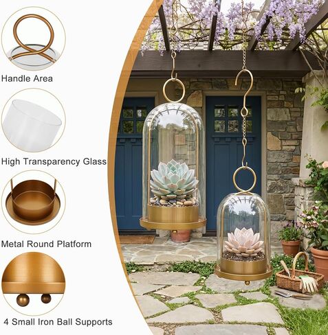 Dreamtrues 5.2" & 4.5" Hurricane Glass Candle Holders – Set of 2 Brass Metal Candle Holder Lanterns with Thick Glass Dome, Shabby Chic Style for Tabletop or Hanging, Fit Pillar Candles & Plants in Saudi Arabia