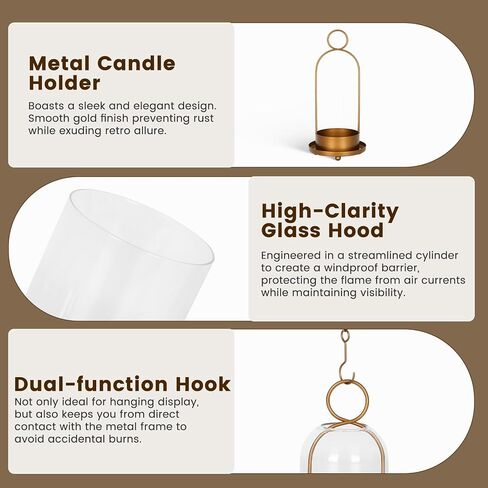 Dreamtrues 5.2" & 4.5" Hurricane Glass Candle Holders – Set of 2 Brass Metal Candle Holder Lanterns with Thick Glass Dome, Shabby Chic Style for Tabletop or Hanging, Fit Pillar Candles & Plants in Saudi Arabia