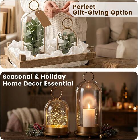 Dreamtrues 5.2" & 4.5" Hurricane Glass Candle Holders – Set of 2 Brass Metal Candle Holder Lanterns with Thick Glass Dome, Shabby Chic Style for Tabletop or Hanging, Fit Pillar Candles & Plants in Saudi Arabia
