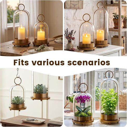 Dreamtrues 5.2" & 4.5" Hurricane Glass Candle Holders – Set of 2 Brass Metal Candle Holder Lanterns with Thick Glass Dome, Shabby Chic Style for Tabletop or Hanging, Fit Pillar Candles & Plants in Saudi Arabia